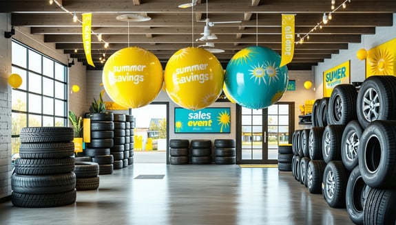 Create an ultraphotorealistic interior of a cozy smalltown tire shop decked out for a Summer Sales promotion Exposedbeam ceilings with visible rafters walls lined with stacked tires on metal racks Suspended from the ceiling by thin wires are three 25-1