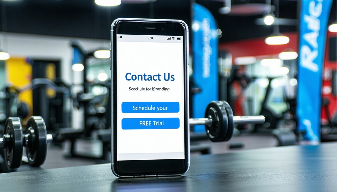 Image showing a sleek modern smartphone or tablet displaying a clear Contact Us or Schedule Your FREE Trial button with a blurred background of a modern inviting gym interior featuring effective custom banners and flags emphasizing ease of contact an