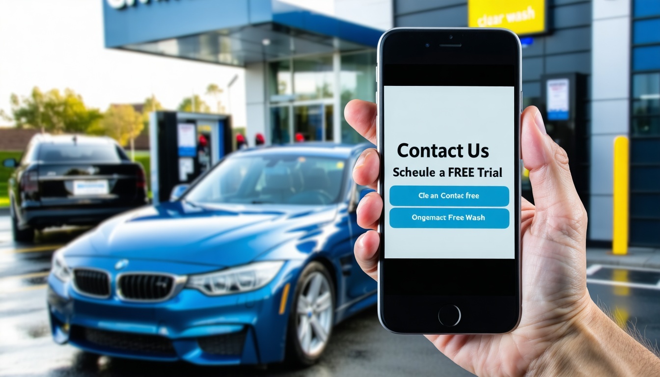 Image showing a sleek modern smartphone or tablet displaying a clear Contact Us or Schedule a FREE Trial button with a blurred background of a sparkling clean car leaving a car wash or vibrant outdoor car wash promotional signage emphasizing ease of