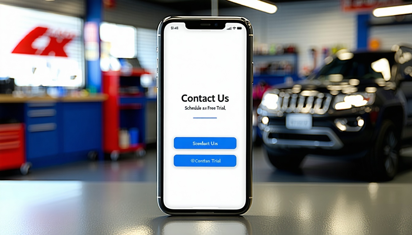 Image showing a sleek modern smartphone or tablet displaying a clear Contact Us or Schedule a Free Trial button with a blurred background of a thriving mechanic shop or vibrant promotional signage emphasizing ease of contact and potential for busines