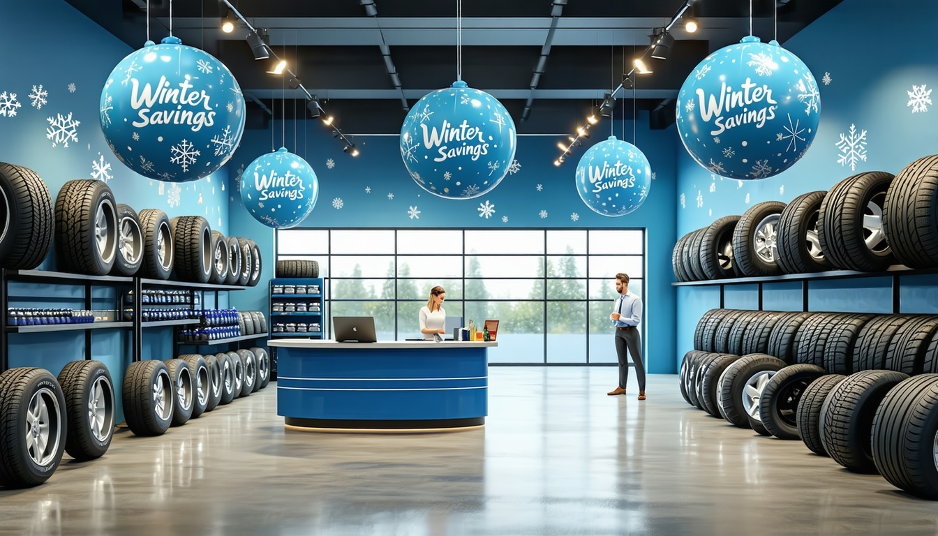 Photorealistic rendering of a tire service showroom decked out for winter promotions Hanging from the rafters are large spherical inflatables featuring a Winter Savings designwhite script text and snowflake icons on a deep blue background The shop in-1